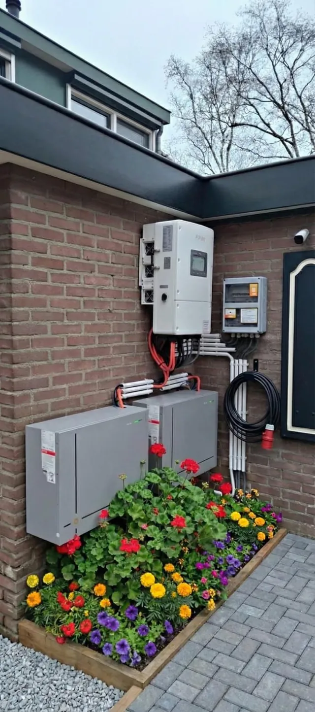 Echte buiteninstallatie bij een bakstenen woning, gefotografeerd vanaf de tuin